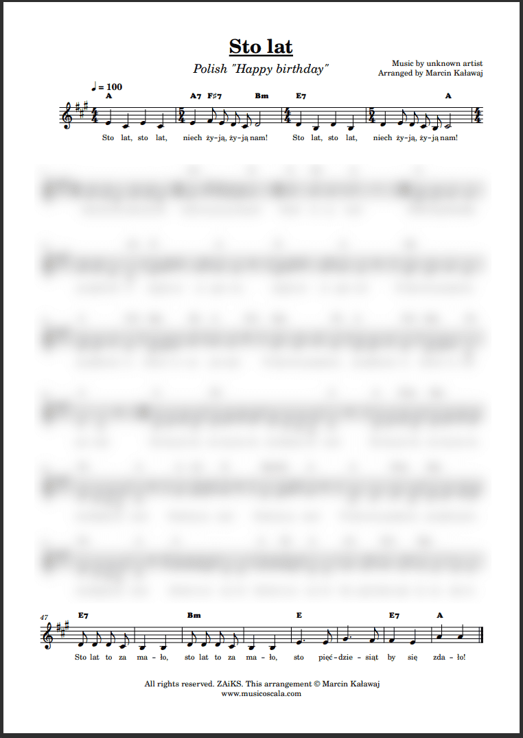 Sto lat nuty pdf<span> – </span>Melodia + akordy, A-dur