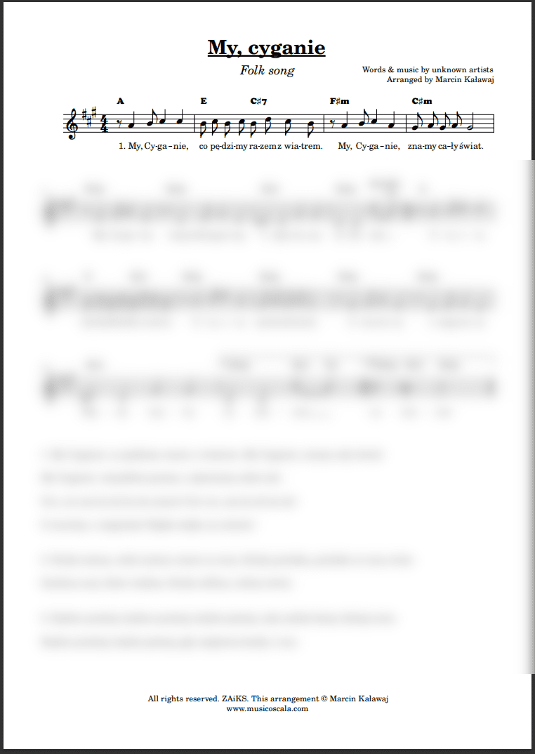 Polska piosenka: My cyganie nuty pdf, akordy, opracowania, aranżacje, na pianino, fortepian, keyboard, organy, chór, zespół, orkiestrę.